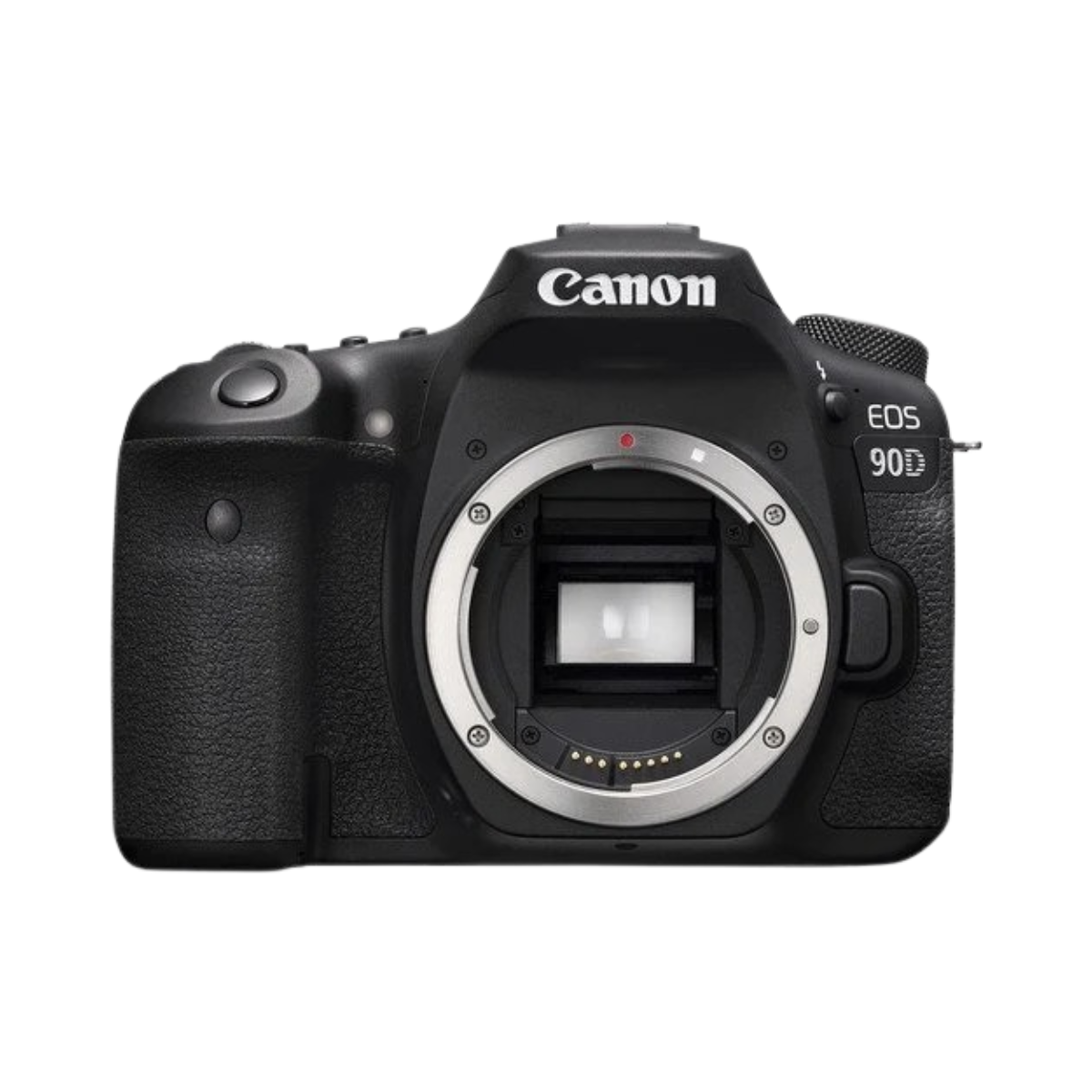 Appareil photo Canon EOS 90D vu de face avec objectif monté, prêt à capturer des images haute résolution