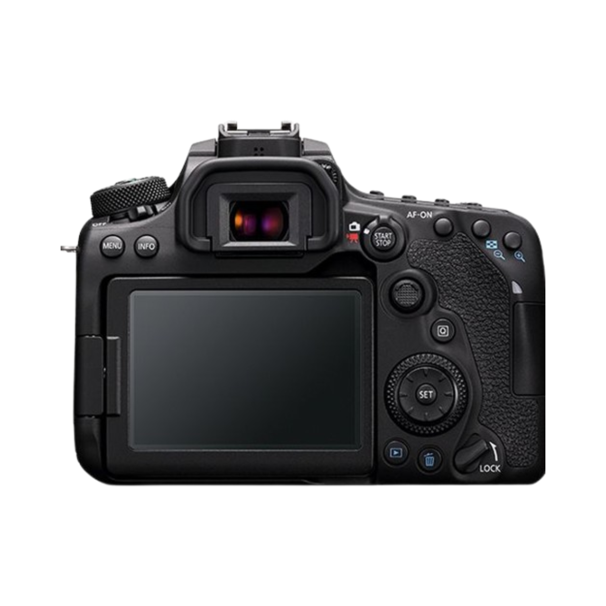 Vue arrière du Canon EOS 90D montrant l’écran LCD orientable et les commandes ergonomiques