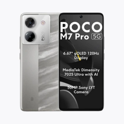 Vue arrière du POCO M7 Pro montrant le triple appareil photo de 108 MP et le logo POCO sur fond sombre
