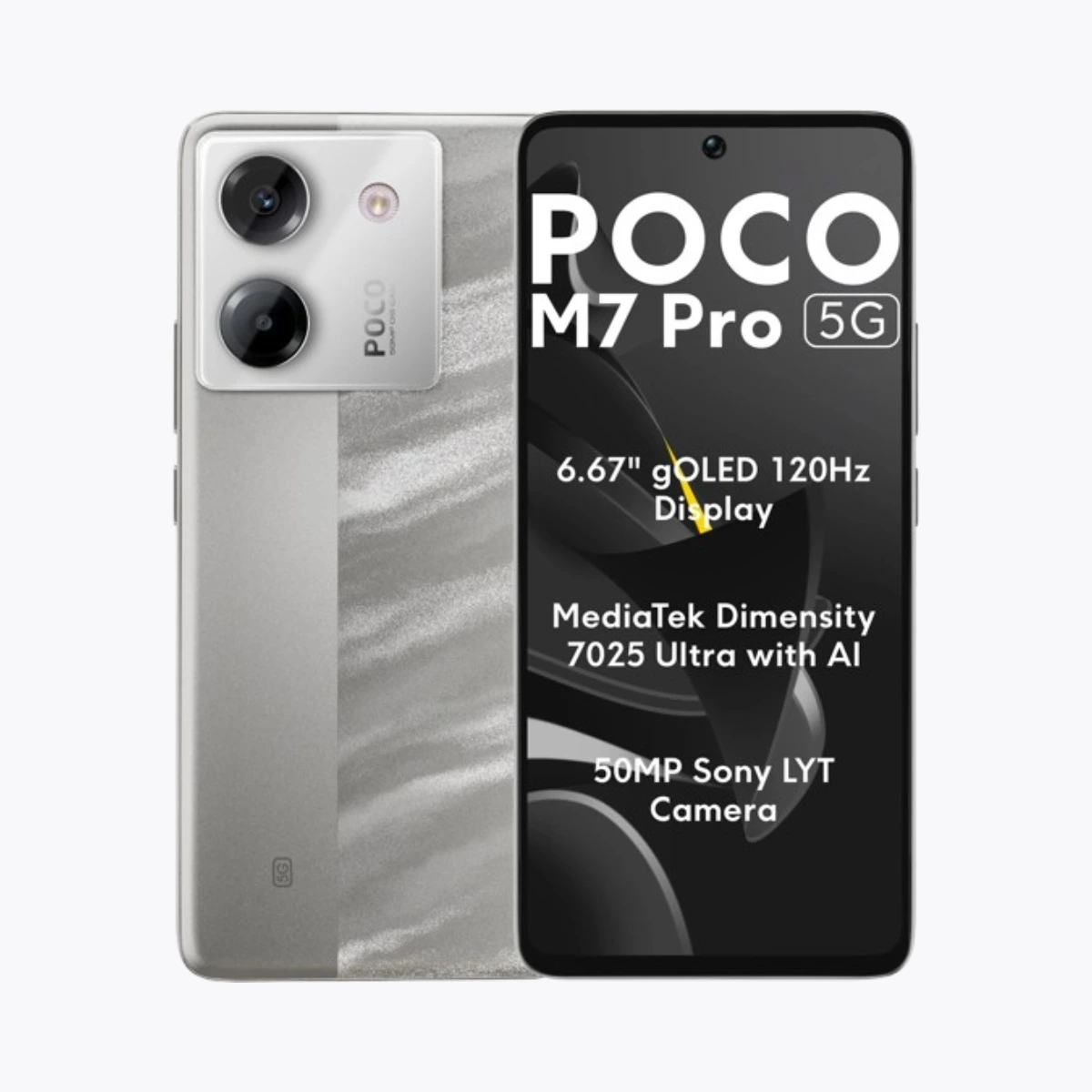 POCO M7 Pro smartphone gris métallique avec écran AMOLED 120Hz, affichant l'interface MIUI