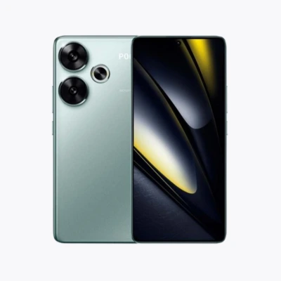 Vue arrière du POCO F6 avec triple appareil photo et logo POCO, sur fond blanc