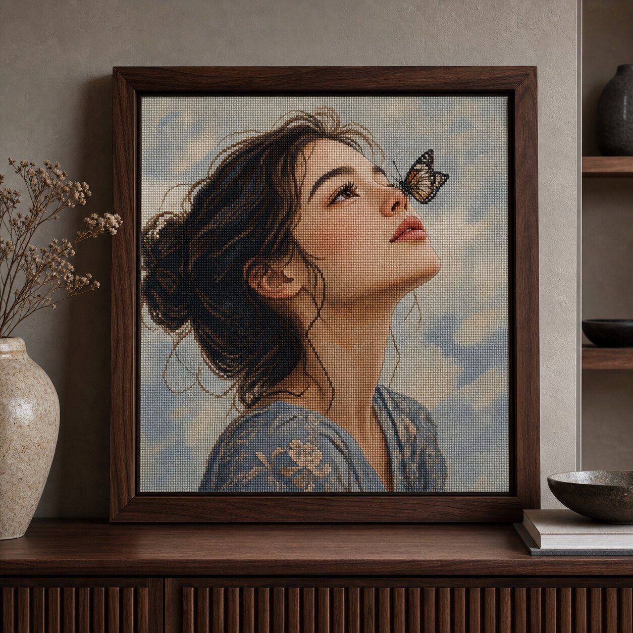 Butterfly Daydream Portrait custom cross-stitch framed in walnut