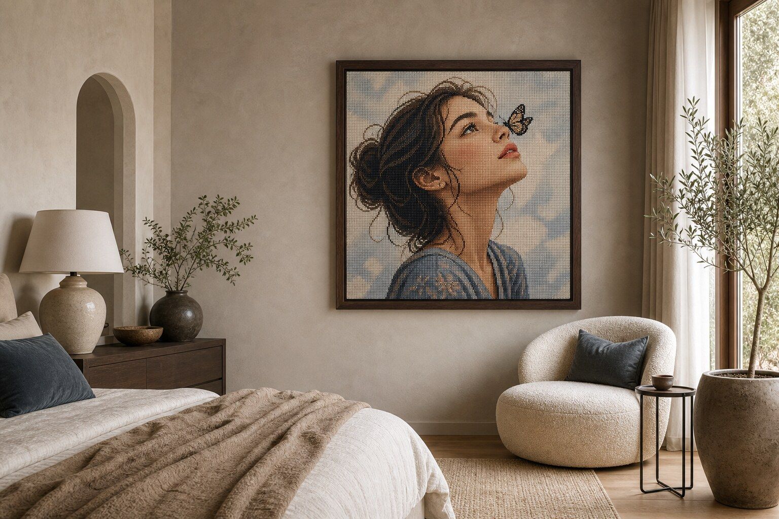 Butterfly Daydream Portrait hanging on a quiet modern home wall