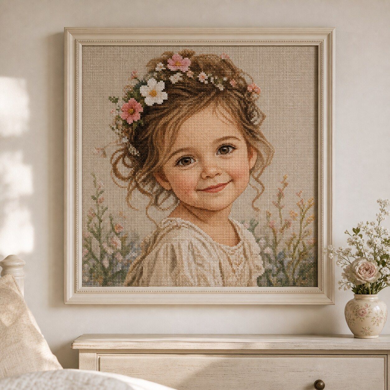 Flower-Crowned Childhood Portrait custom cross-stitch in a pale frame