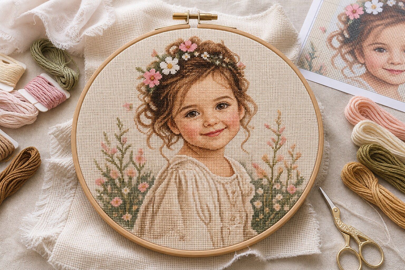 Flower-Crowned Childhood Portrait cross-stitch pattern in a hoop