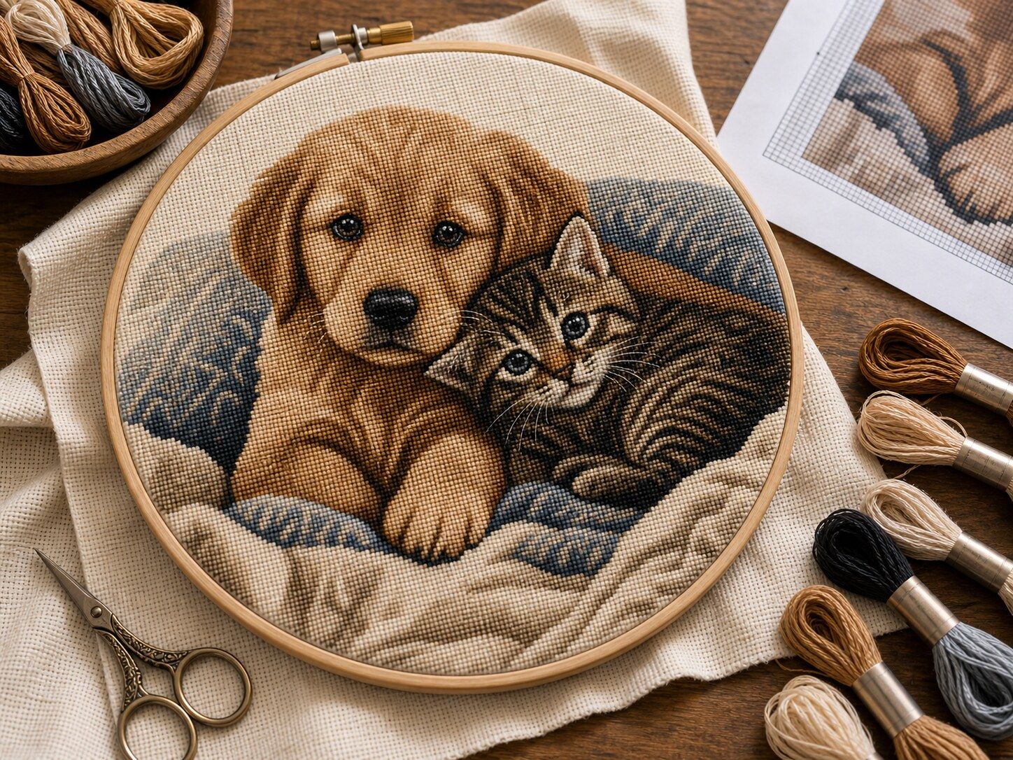 Puppy and Kitten Companions cross-stitch pattern in a wooden hoop