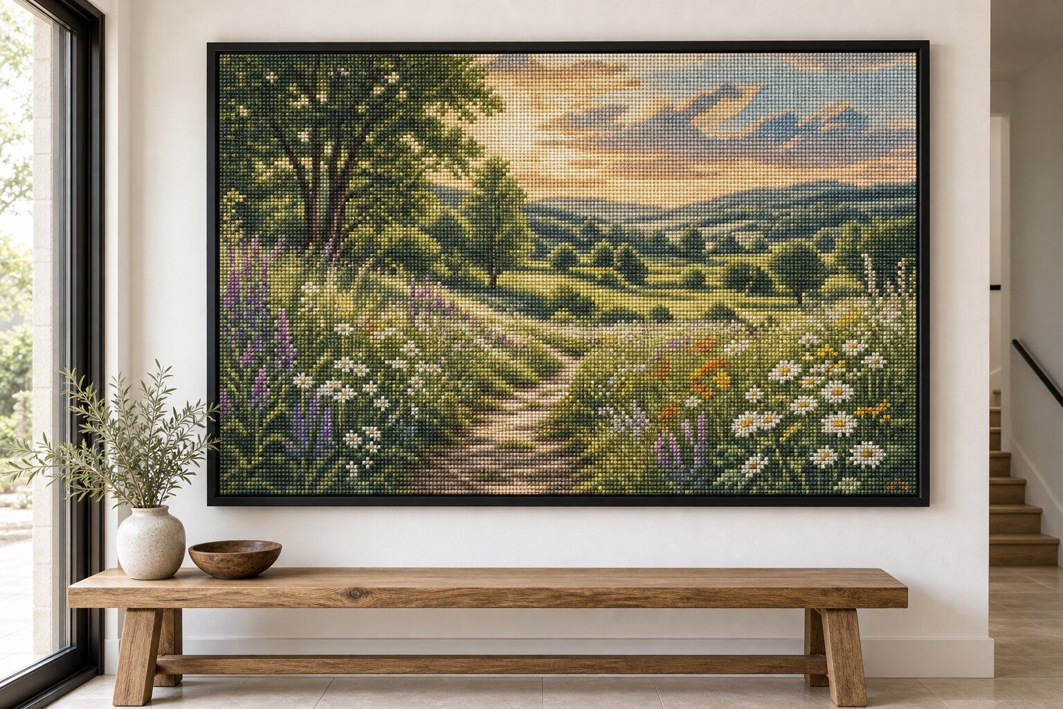 Summer Meadow Vista cross-stitch landscape in a slim black frame