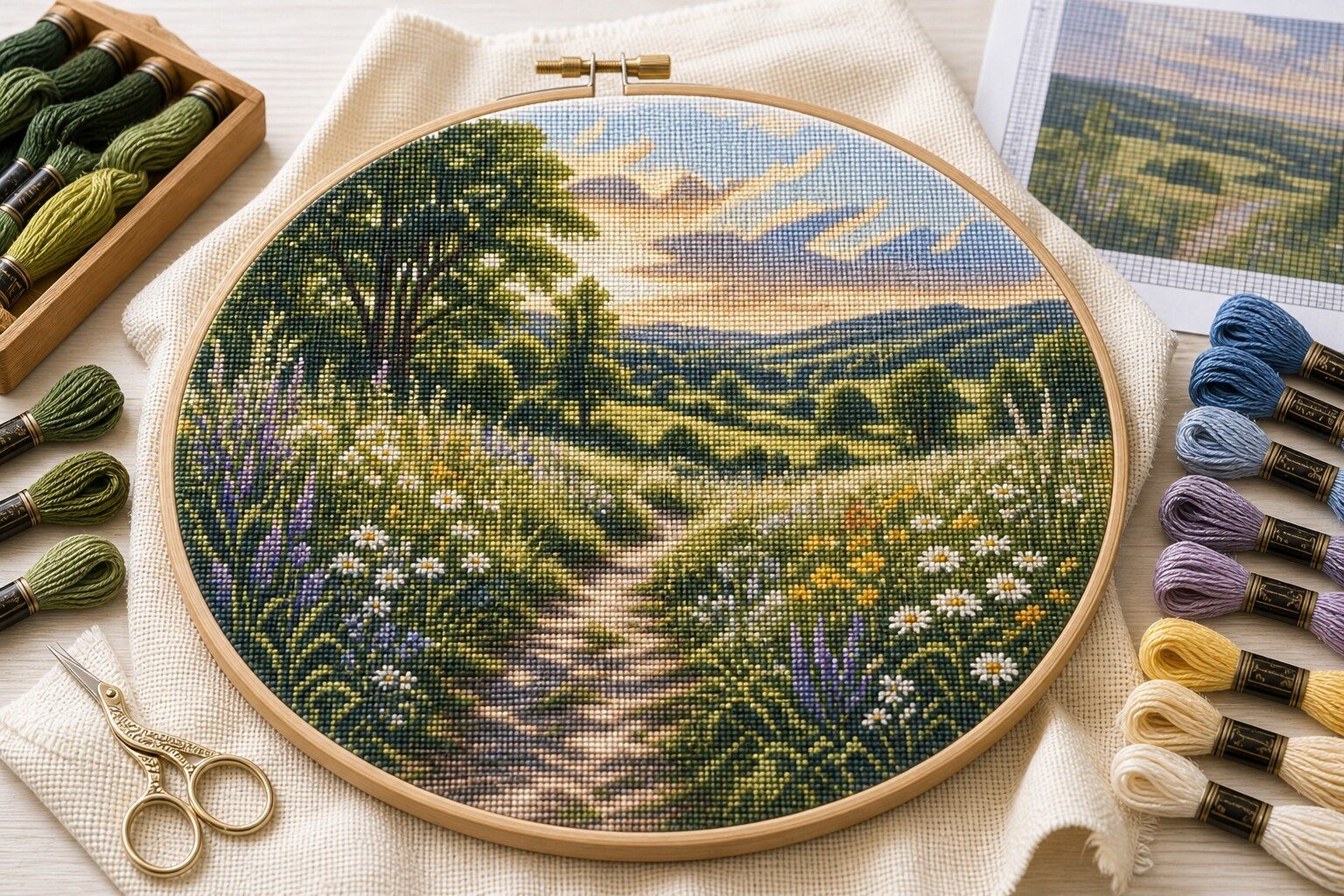 Summer Meadow Vista cross-stitch landscape pattern in a hoop