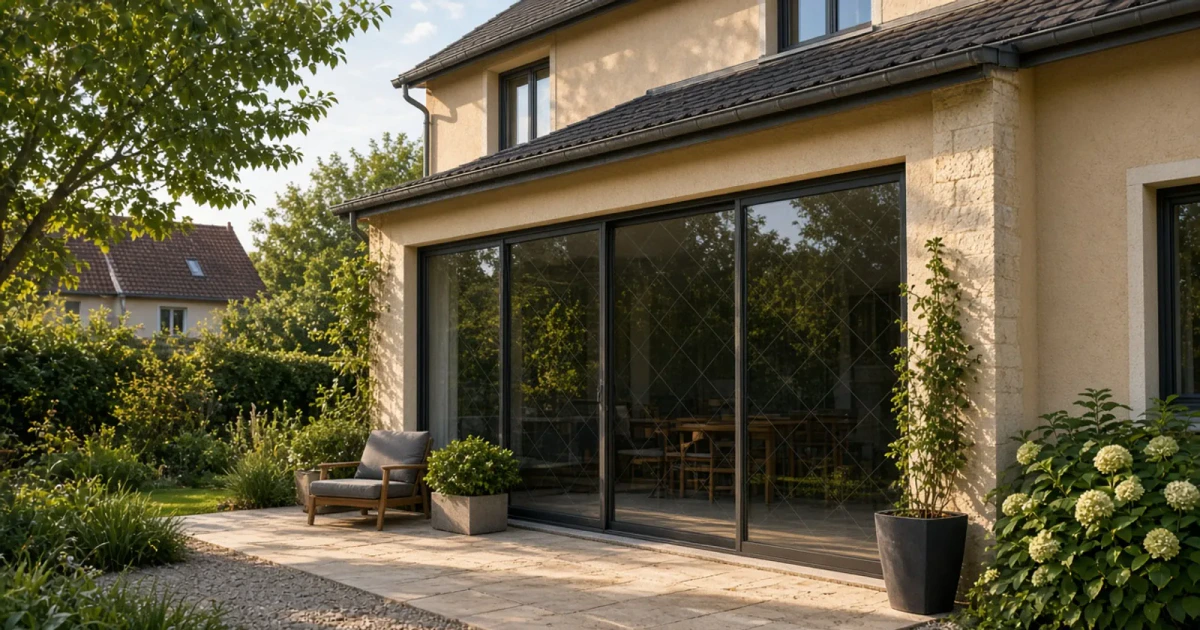 Technicien examinant la toiture en polycarbonate d'une véranda lumineuse en Seine-et-Marne