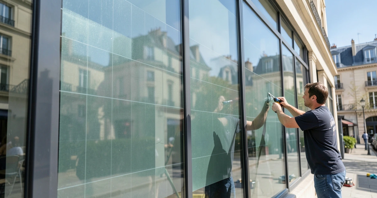 Technicien examinant la fenêtre ensoleillée d'une chambre d'hôtel en Île-de-France avant la pose d'un film solaire