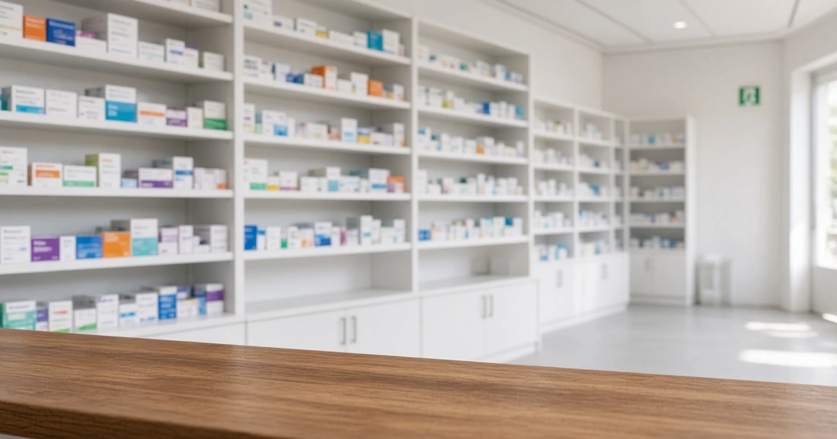 Comptoir et rayonnage d'une pharmacie avec pictogramme de sortie