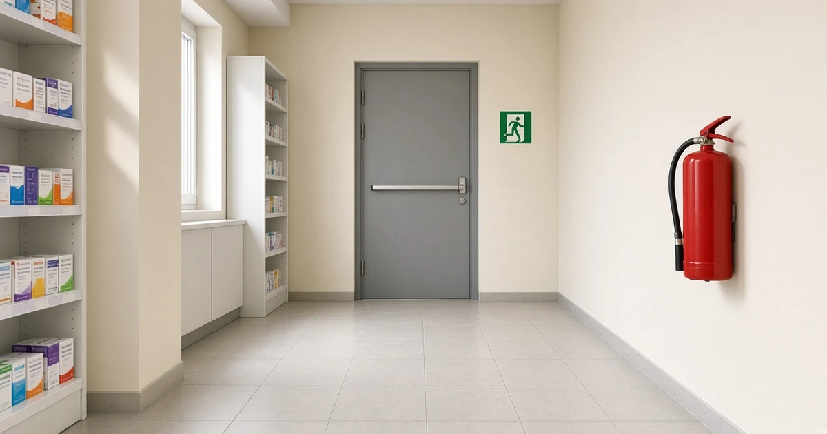 Porte coupe-feu et extincteur dans un couloir de pharmacie