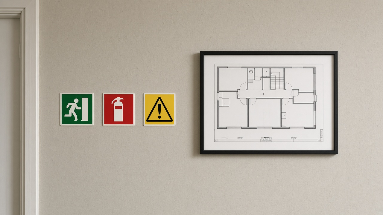 Pictogrammes ISO 7010 sur un plan d'évacuation : utiles, pas un catalogue mural