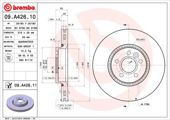 BREMBO 09.A426.11 Fren Sistemleri Fren Diski - VOLVO V60 I (155) uyumlu
