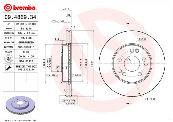 BREMBO 09.4869.34 Fren Sistemleri Fren Diski - MERCEDES-BENZ 190 (W201) uyumlu