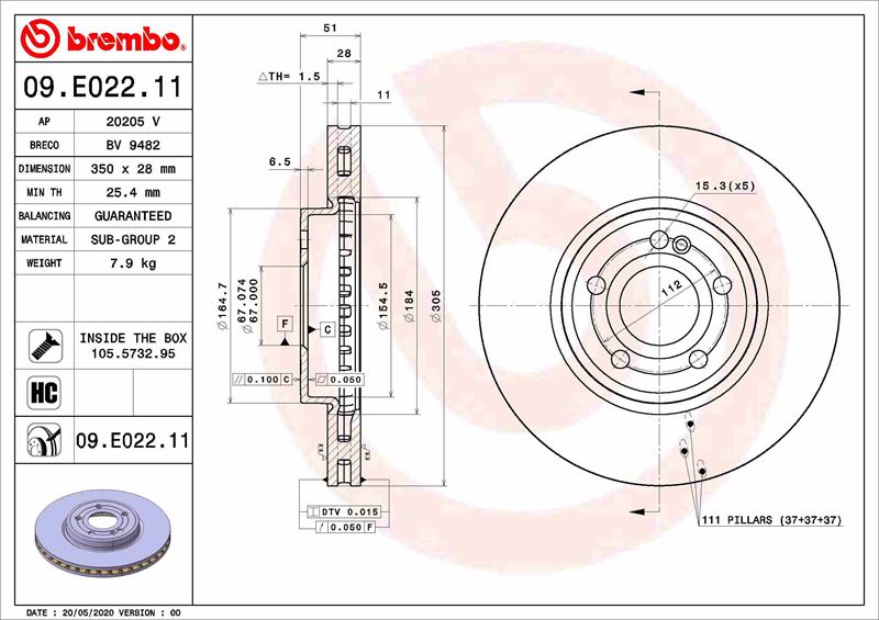 BREMBO 09.E022.11 Fren Sistemleri Fren Diski - MERCEDES-BENZ A-SERISI (W177) uyumlu