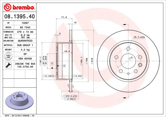 BREMBO 08.1395.40 Fren Sistemleri Fren Diski - MERCEDES-BENZ /8 (W114) uyumlu