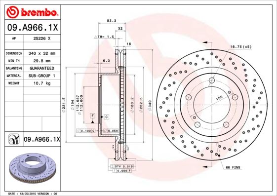 BREMBO 09.A966.1X Fren Sistemleri Fren Diski - TOYOTA LAND CRUISER 200 (_J2_) uyumlu