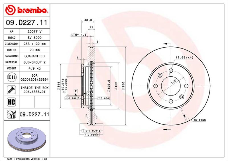 BREMBO 09.D227.11 Fren Sistemleri Fren Diski - HYUNDAI i20 II (GB, IB) uyumlu