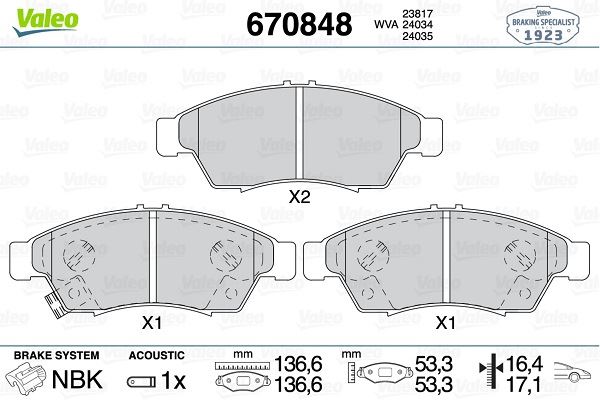VALEO 670848 Fren Sistemleri Fren Balatası - SUZUKI LIANA Hatchback uyumlu