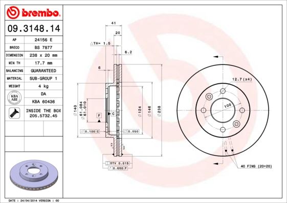BREMBO 09.3148.14 Fren Sistemleri Fren Diski - RENAULT SUPER 5 (B/C40_) uyumlu