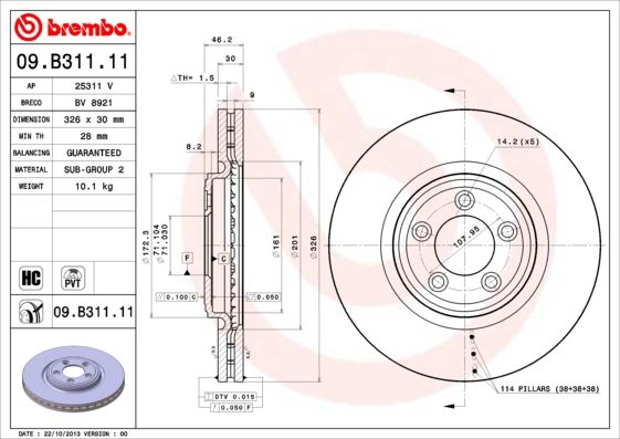 BREMBO 09.B311.11 Fren Sistemleri Fren Diski - JAGUAR XF I (X250) uyumlu