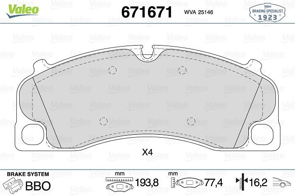 VALEO 671671 Fren Sistemleri Fren Balatası - PORSCHE CAYMAN (987) uyumlu