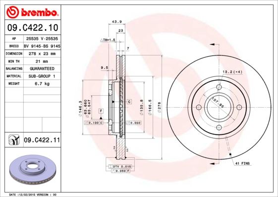 BREMBO 09.C422.11 Fren Sistemleri Fren Diski - FORD FIESTA VI (CB1, CCN) uyumlu