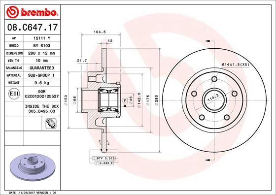 BREMBO 08.C647.17 Fren Sistemleri Fren Diski - RENAULT TRAFIC III Panelvan/Van (FG_) uyumlu