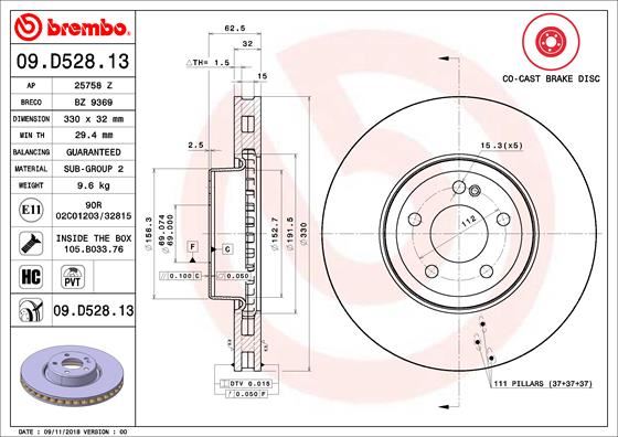BREMBO 09.D528.13 Fren Sistemleri Fren Diski - MERCEDES-BENZ C-SERISI (W205) uyumlu