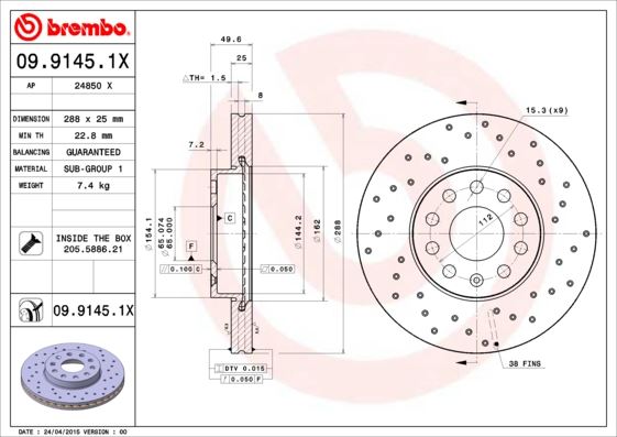 BREMBO 09.9145.1X Fren Sistemleri Fren Diski - SEAT LEON (1P1) uyumlu