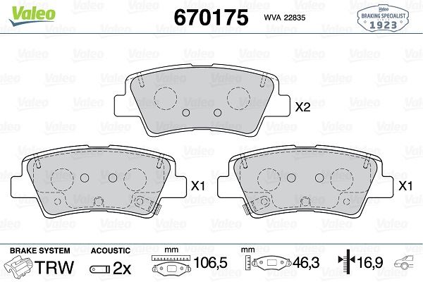 VALEO 670175 Fren Sistemleri Fren Balatası - OPEL INSIGNIA B Grand Sport (Z18) uyumlu