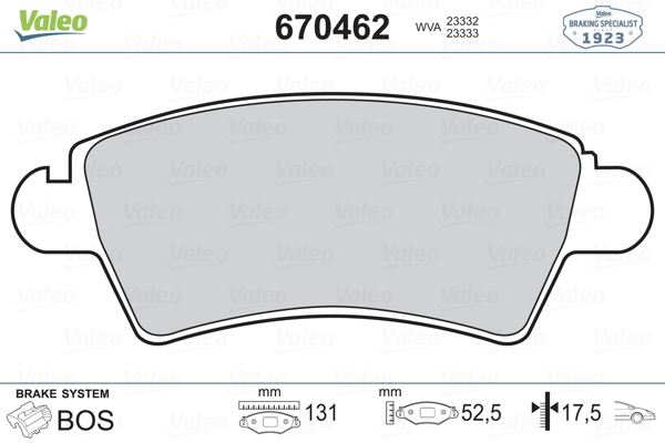 VALEO 670462 Fren Sistemleri Fren Balatası - PEUGEOT 306 Hatchback (7A, 7C, N3, N5) uyumlu