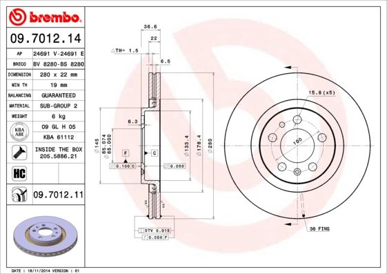 BREMBO 09.7012.11 Fren Sistemleri Fren Diski - AUDI A3 (8L1) uyumlu