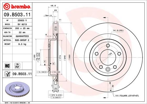 BREMBO 09.B503.11 Fren Sistemleri Fren Diski - LAND ROVER RANGE ROVER IV (L405) uyumlu