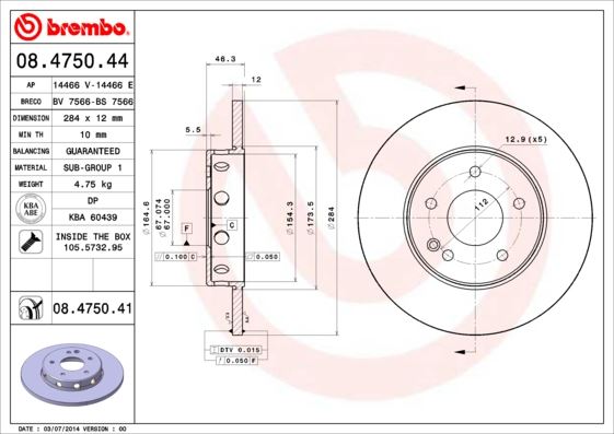 BREMBO 08.4750.44 Fren Sistemleri Fren Diski - MERCEDES-BENZ C-SERISI (W202) uyumlu