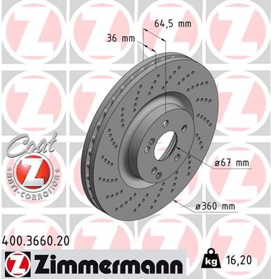 ZIMMERMANN 400.3660.20 Fren Sistemleri Fren Diski - MERCEDES-BENZ C-SERISI Coupe (C204) uyumlu