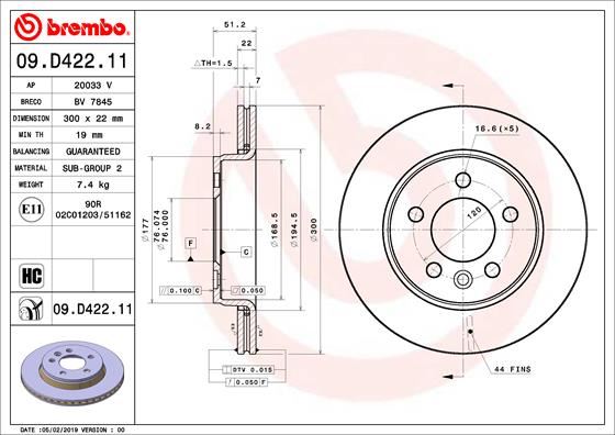 BREMBO 09.D422.11 Fren Sistemleri Fren Diski - VW AMAROK (2HA, 2HB, S1B, S6B, S7A, S7B, AGD) uyumlu