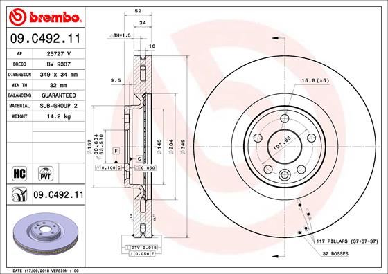 BREMBO 09.C492.11 Fren Sistemleri Fren Diski - LAND ROVER RANGE ROVER EVOQUE (L538) uyumlu