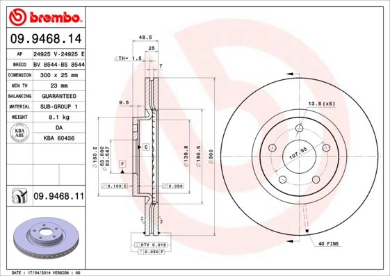 BREMBO 09.9468.14 Fren Sistemleri Fren Diski - FORD C-MAX II (DXA/CB7, DXA/CEU) uyumlu