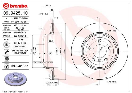 BREMBO 09.9425.11 Fren Sistemleri Fren Diski - BMW 5 (E60) uyumlu