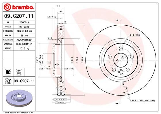 BREMBO 09.C207.11 Fren Sistemleri Fren Diski - LAND ROVER RANGE ROVER EVOQUE (L538) uyumlu