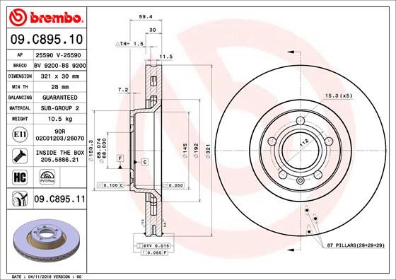 BREMBO 09.C895.11 Fren Sistemleri Fren Diski - AUDI A6 C6 (4F2) uyumlu