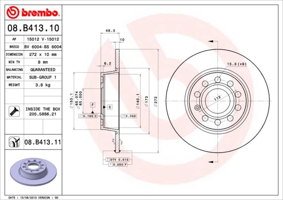 BREMBO 08.B413.10 Fren Sistemleri Fren Diski - SEAT LEON (1P1) uyumlu