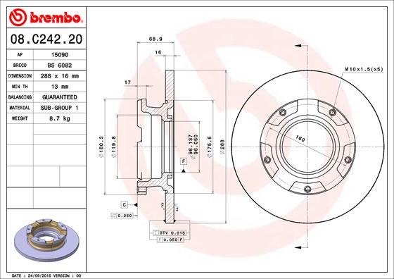 BREMBO 08.C242.20 Fren Sistemleri Fren Diski - FORD TOURNEO CUSTOM V362 Minibüs/Otobüs (F3) uyumlu