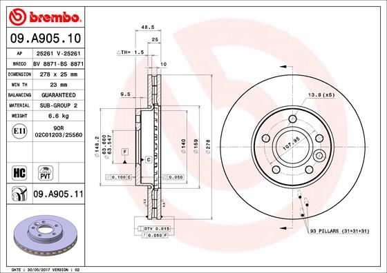 BREMBO 09.A905.10 Fren Sistemleri Fren Diski - FORD C-MAX II (DXA/CB7, DXA/CEU) uyumlu