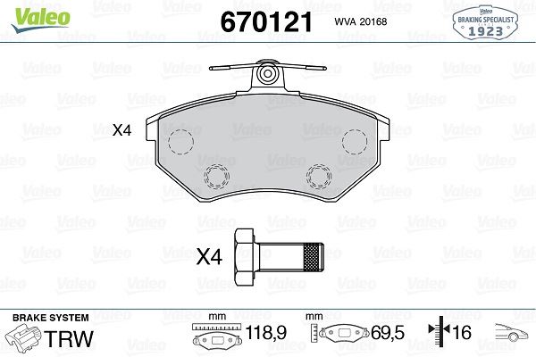 VALEO 670121 Fren Sistemleri Fren Balatası - VW GOLF II (19E, 1G1) uyumlu