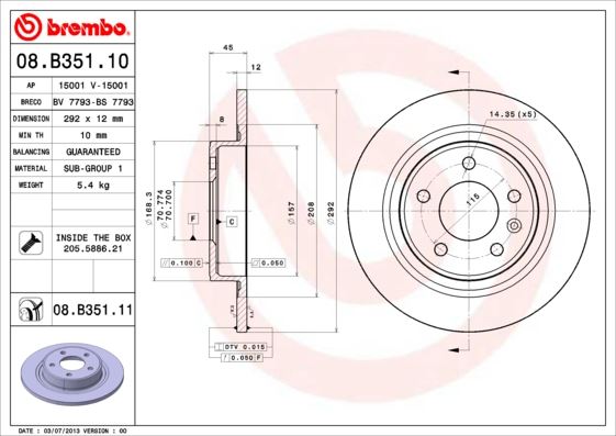 BREMBO 08.B351.11 Fren Sistemleri Fren Diski - OPEL ASTRA J Sports Tourer (P10) uyumlu