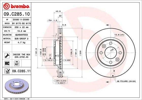 BREMBO 09.C285.11 Fren Sistemleri Fren Diski - DACIA SANDERO uyumlu