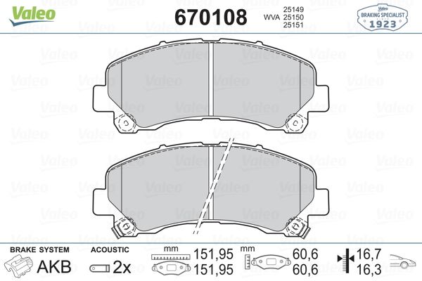 VALEO 670108 Fren Sistemleri Fren Balatası - ISUZU D-MAX I (TFR, TFS) uyumlu